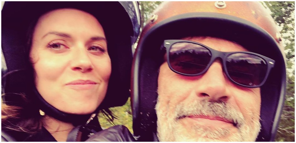 Jeffrey Dean Morgan and wife Hilarie Burton ride on a motorcycle.