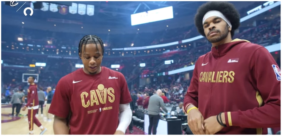 Isaac Okoro and Jarrett Allen at a pregame warm up