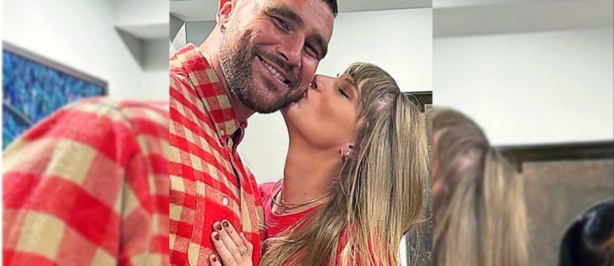 Taylor Swift kissing Travis Kelce.