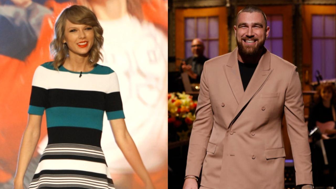 Taylor Swift and Travis Kelce smiling.