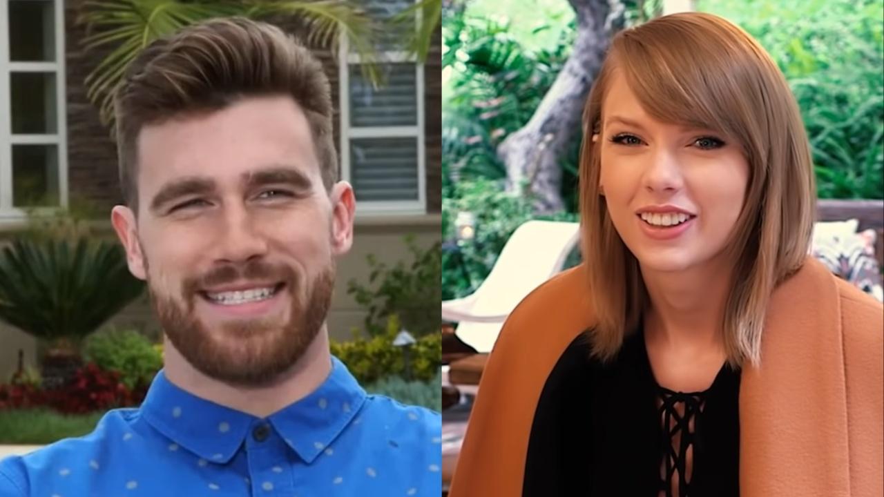 Taylor Swift and Travis Kelce smiling.